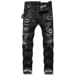 Nieuwe Heren Badge Rips Stretch Zwarte Jeans Modeontwerper Slim Fit Gewassen Moto Denim Broek Panelen Hip HOP Broek3216