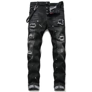 Jeans noirs extensibles pour hommes, nouveaux badges déchirés, styliste de mode, coupe Slim lavé, pantalon en Denim de moto, à panneaux Hip HOP, 300G