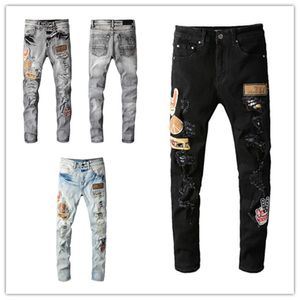 Designer Mens Jeans Zware Industrie Gescheurde Slim-Leg Jean S Patches Vintage Stijl Gat Mode Mannen Gaten Broek Slanke Motorfiets Biker Causal Maat 28-40