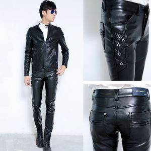 Nouveaux pantalons en similicuir élastiques pour hommes PU moto débarrassant les pantalons Slim Fit noirs pour hommes