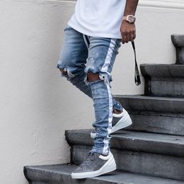 Nieuwe heuphop gescheurde jeans 2018 vernietigde gat skinny biker jeans witte streep stiksels ritssluiting gedecoreerd zwart lichtblauwe denim broek 3183