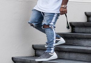 Nieuwe hiphop-gescheurde jeans voor heren 2018 Vernietigde gat skinny bikerjeans Witte streep stiksels Rits versierd zwart lichtblauw Deni3694672