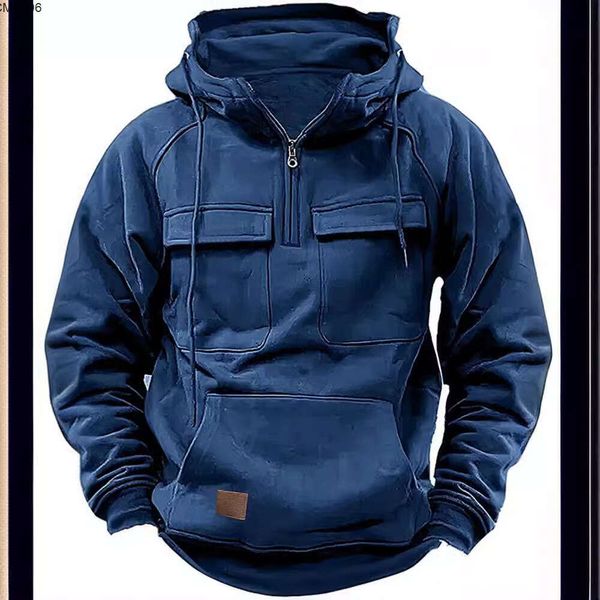 Nueva sudadera con capucha de color sólido con capucha para hombre para otoño e invierno, chaqueta de cuero con parche multibolsillo para deportes juveniles 18wz