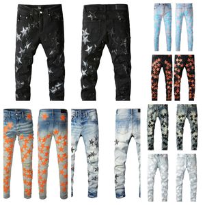 Nouveaux jeans pour hommes pour les gars Rip Slim Fit Skinny Man Pantalon Orange Star Patchs Portant Biker Denim Cult Stretch Moto Tendance Longue Droite Hip Hop avec Trou