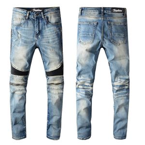 Nouveaux jeans pour hommes Jeans de créateur de luxe Pantalons longs Fermeture éclair skinny Noir bleu genou Cuir orthopédique Détruire la courtepointe Jean de mode trou déchiré