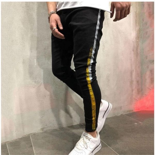 New Mens Jeans Hommes Designer Skinny Ripped Red Stripes Pantalons Hommes Stretch Noir Slim Biker Jeans318Q