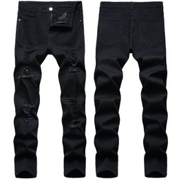 New Mens Jeans Retro Black Pantal Stretch Hole Ripped Slip Fit High Quality Fashion Casual Denim pantalon