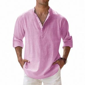 Nouveaux hommes Lin Henley Col Cott Chemises Casual Lg Chemise à manches Butt Down Lâche T-shirt pour hommes A0iL #