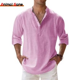 New Mens Linen Henley Coll Colon Coton Shirts Casual Long Mange Shirt Bouton Down Loose T-shirt pour hommes 240415