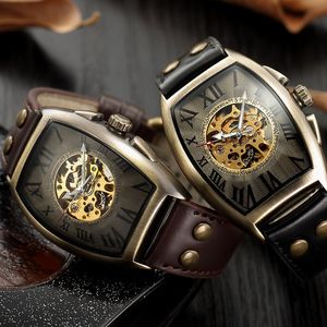 Nieuwe heren mechanische huid met geklonken gesp mode heren bronzen horloge Lichtgevend luxe vrijetijdshorloge quartz-batterij