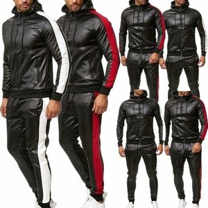 Nouveaux hommes Pu Sweats à capuche en cuir Set Casual Sweatsuit Veste à capuche et pantalon Jogging Costume Survêtements d9Ht #
