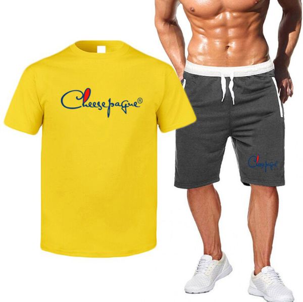 New Mens R Chándales unning Set Camiseta transpirable Pantalones cortos Pantalones cortos deportivos Mangas Traje deportivo Fitness Jogging Hombres Gimnasio Maratón Ropa Marca LOGO Imprimir