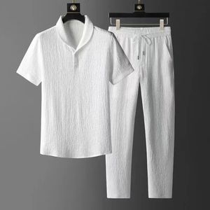 Nouveaux hommes printemps/été à manches courtes haut de gamme ensemble décontracté coréen ultra-mince et beau deux pièces pantalon à cordon veste pantalon 240311