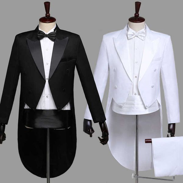 Nouveau Mens Tailcoat Costume Classique Noir Blanc Brillant Revers Queue Manteau Smoking De Mariage Marié Scène Chanteur Costumes Quatre Pièces Costume X0909