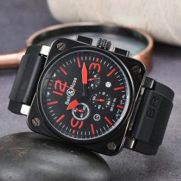 Nuevo reloj para hombre Reloj de cuarzo Campana Cuero marrón Correa de caucho negro Ross 6 manecillas