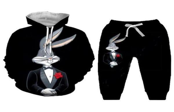 Nuevos hombres y mujeres Bugs Bunny divertido estampado 3D moda chándales cuello redondo Hip Hop sudadera y pantalones 2 piezas conjunto sudaderas con capucha TZ115742024