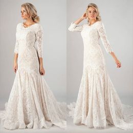 Nouvelles robes de mariée modestes en dentelle sirène avec 3 4 manches longues Vintage LDS robes de mariée musulmanes balayage Train boutons