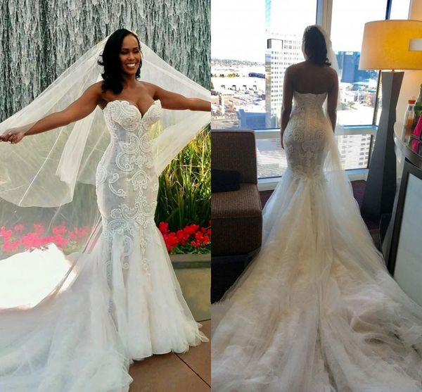 Nueva sirena Steven Khalil vestidos de novia de encaje cariño apliques rebordear trompeta tren capilla Vintage vestido de novia árabe