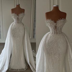 Nieuwe zeemeermin trouwjurken sexy sweetheart kralen Appliques kanten bruidsjurken op maat gemaakte veter afneembare trein Vestidos de novia 0416