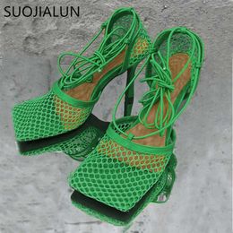 Nouvelles pompes en maille Suojialun Femmes Sandales Marque Green Shoes Greas Ladies Thin High Talon Lace Up Robe à égalité Rome Sandale Big Taille 42 T230208 14