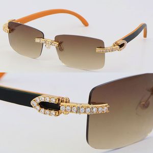 New Metal Big Stones Diamond Set Sin montura 757 Gafas de sol Gafas de madera Diseñador Hombre de madera Mujer Marco UV400 Lente Gafas de sol Gafas de mujer Marcos de oro de 18 quilates Tamaño: 57