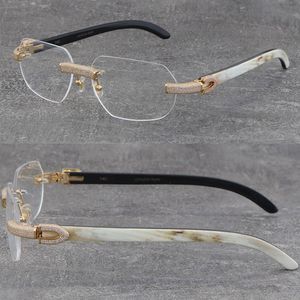 Nieuwe metalen micro-verharde diamant set frames velless eyewear zwarte mix witte buffalo hoorn glazen mannen vrouwen met c decoratie rotsen draad 18K gouden frame unisex brillen