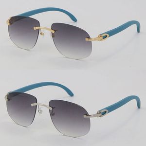 Nieuwe metalen randloze blauwe houten zonnebril luxe houten zonnebril man 18 k gouden mode hoge kwaliteit adumbraal mannelijk en vrouwelijk groot ronde vintage frame met doos grootte: 56