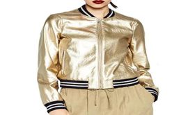 Nouvelle femme texturée en métal Tops de baseball en argent doré Bright Pu Faux Leather Veste Veste de vent Léren Jas Dames1829197772
