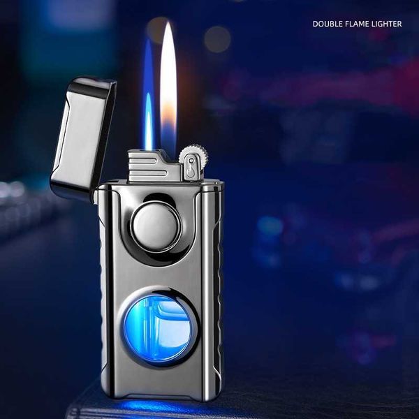 Nuevo metal a prueba de viento doble llama tipo soplete butano sin gas encendedor transparente aceite ventana LED luz azul originalidad personalizada JFUZ