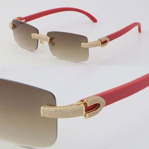 Nouvelles lunettes de soleil en bois sans monture en diamant micro-pavé Lunettes en bois rouge originales Homme et Femme Or 18 carats C Décoration Cadre de roches de luxe Grandes lunettes carrées Lentille marron