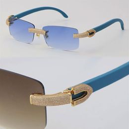 Nouveau Micro-pavé Diamant Rimless Lunettes de soleil en bois pour femmes Original Blue Wood Mens Designer Lunettes Homme et Femme Lunettes 18K Gold288J