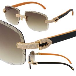 Nouvelles lunettes de soleil sans monture en diamants micro-pavés en bois et métal pour femmes, lunettes de soleil de styliste pour hommes et femmes, monture en or 18 carats, lentille UV400, grandes lunettes carrées taille: 60