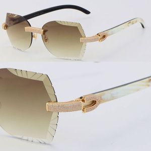 Nieuwe micro-gepaved diamanten set randloze dames mannen zonnebril wit in zwarte buffelhoorn zonnebril man en vrouwelijk frame met 18k gouden UV400 lens unisex bril