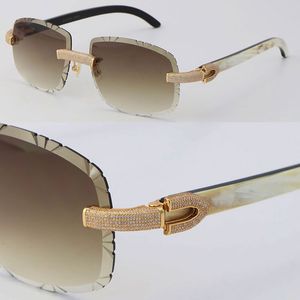 Lunettes de soleil sans monture avec diamants de luxe micro-pavés Blanc à l'intérieur Noir Lunettes de soleil en corne de buffle Cadre masculin et féminin avec or 18 carats UV400 Lentille faciale de forme ovale Unisexe