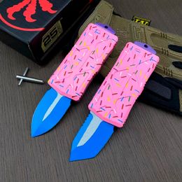 Nieuwe Micro tech Exclusief Dessert Warrior Donut Roze AUTO Mes D2 Blade Luchtvaart aluminium handvat Camping Outdoor Tactische Combat Zelfverdediging EDC Zakmessen