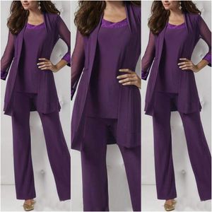 Nouveau doux mousseline de soie robe de mariée mère pantalon costume à manches longues formelle robe de soirée mère mariée costume veste violet