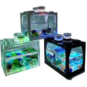 Mini réservoir de poissons d'aquarium avec lumières LED décoration de bureau à domicile boîte d'alimentation accessoires d'aquariums