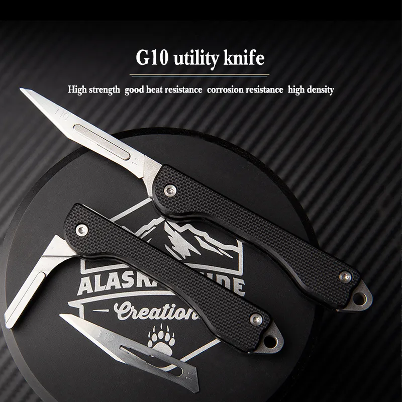 Ny Mini G10 Material Folding Knife Portable Löstagbar EDC -kniv hängande nyckelringficka Knifgisk skalpell 10 Blad gratis