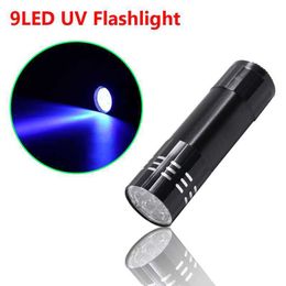 Nuevo Mini UV ULTRA VIOLETA 9 LED Linterna Antorcha 4.5v 395NM Luz Lámpara de aluminio impermeable Lámpara de iluminación táctica portátil al aire libre UV