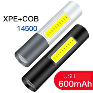 Nieuwe Mini XPE COB Flashlight USB-oplader Ingebouwde 14500 Batterij Aluminium Zaklamp Torch Waterdichte LED Lanterna Lights Draagbare Zoomlamp