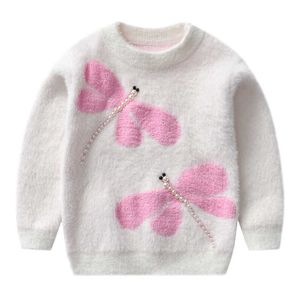 Nouveaux vêtements d'hiver pour filles en molleton de vison, pull-over en tricot pour enfants, vêtements pour enfants, motif de libellule, pulls tricotés 2-7T H0910