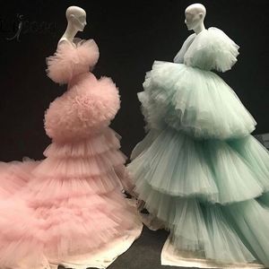 Nieuwe Mint Groene Tiered Ruched Lange Avondjurken Ruffles Peach Pink Puffy Tutu A Line Prom-jurken op maat gemaakt