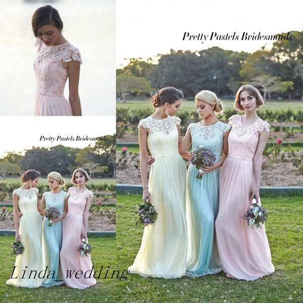 Envío Gratis, nuevos vestidos de dama de Honor de color verde menta, amarillo y rosa, bonitos pasteles, encaje de gasa, vestidos de dama de Honor, vestido de fiesta de boda