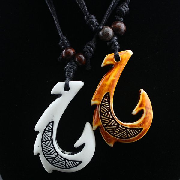 Nouveau Mixte Hawaïen Bijoux Imitation Os Sculpté NZ Maori Hameçon Pendentif Collier Pour Femmes Hommes Sautoirs Colliers Amulette Cadeau