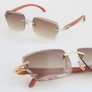 Nouveau modèle Lunettes de soleil sans monture à lentille sculptée Femme 3524012 Lunettes de soleil en bois de luxe pour femmes Grand carré Adumbral Lunettes en bois Coupe diamant 3.0 Épaisseur Taille de la lentille 60