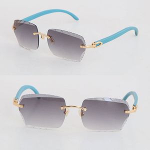 Nieuw model frameloze zonnebrillen vrouw 3524012 luxe blauw houten zonnebril dames grote vierkante adumbrale houten randloze glazen diamantgesneden 3.0 dicknes lens 60