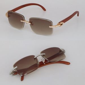 Nouveaux verres de modèles En réglage à la main Luxury Moisanite Diamond Set Rimles Lunettes de soleil en bois pour hommes Femmes Original Wood Rimles Diamond Coup Sun Verres Taille 58