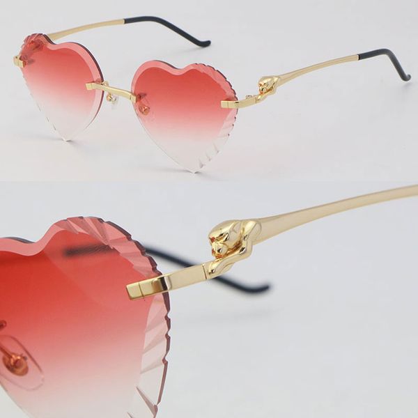 Nouveau modèle Lunettes de soleil en métal sans monture en forme de cœur Femmes Série Cheetah Lentille taillée au diamant Extérieur Conduite Lentilles rouges Lunettes Design Taille du cadre amovible: 56-18-140MM