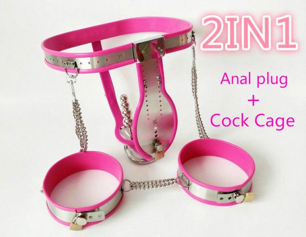 Modèle de haute qualité Dispositifs de chasteté masculine Cage Ceinture de chasteté en acier inoxydable Bdsm Bondage Fetish Retenue de pénis verrouillable avec plug anal