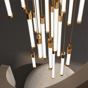 Nouveau lustre moderne lampe pour escalier luxe dimmable led bande lumière salon hall or suspension lampe grand foyer éclairage